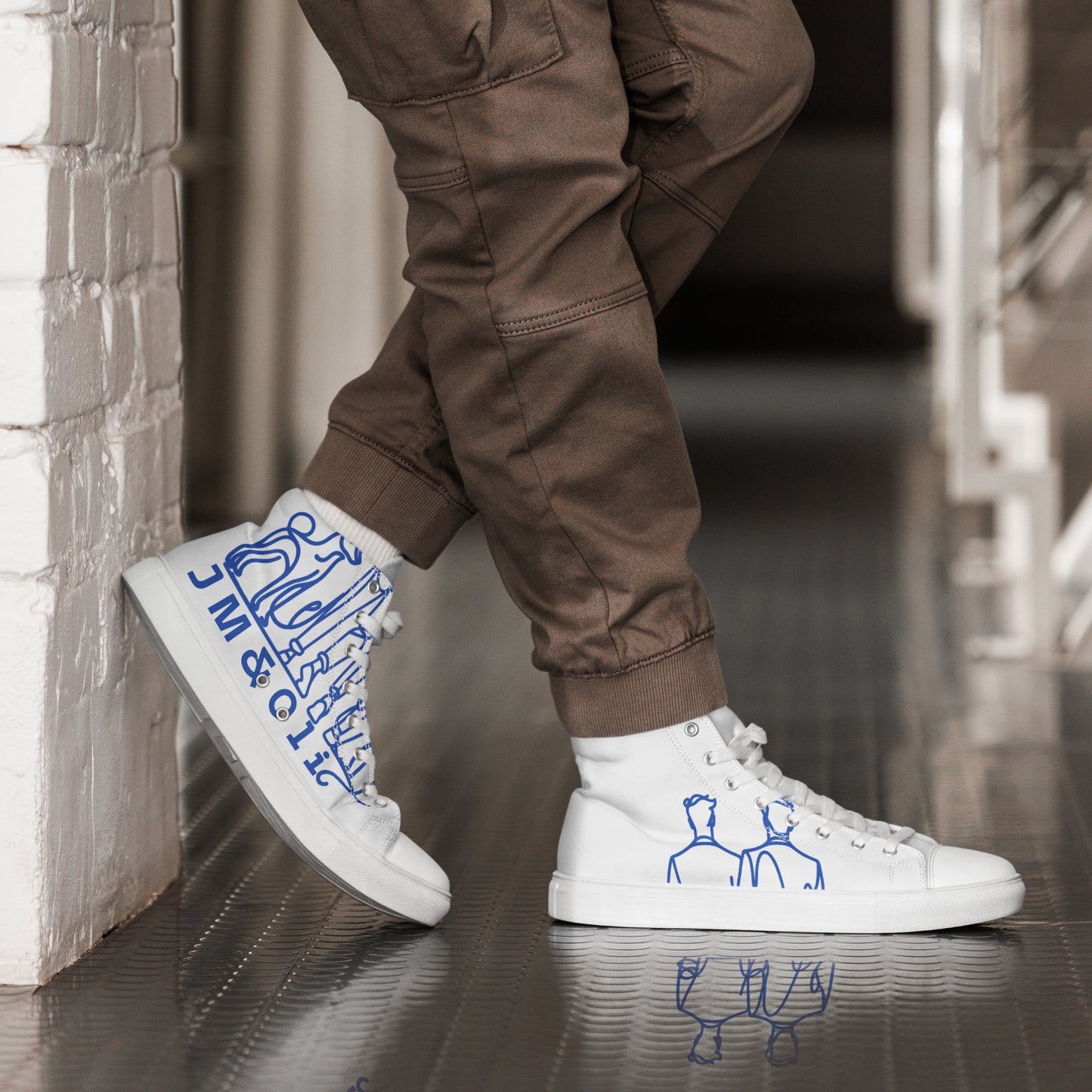 Baskets Hautes en Toile Homme blanche logo Bleu Roi