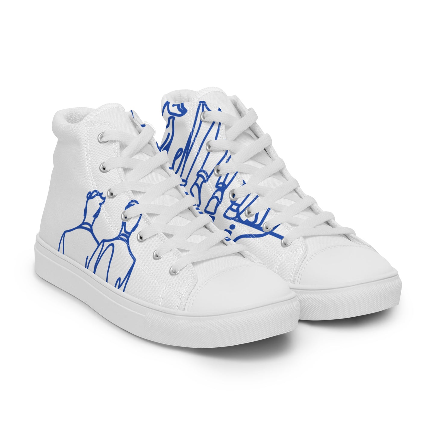 Baskets Hautes en Toile Femme Blanche logo Bleu Roi